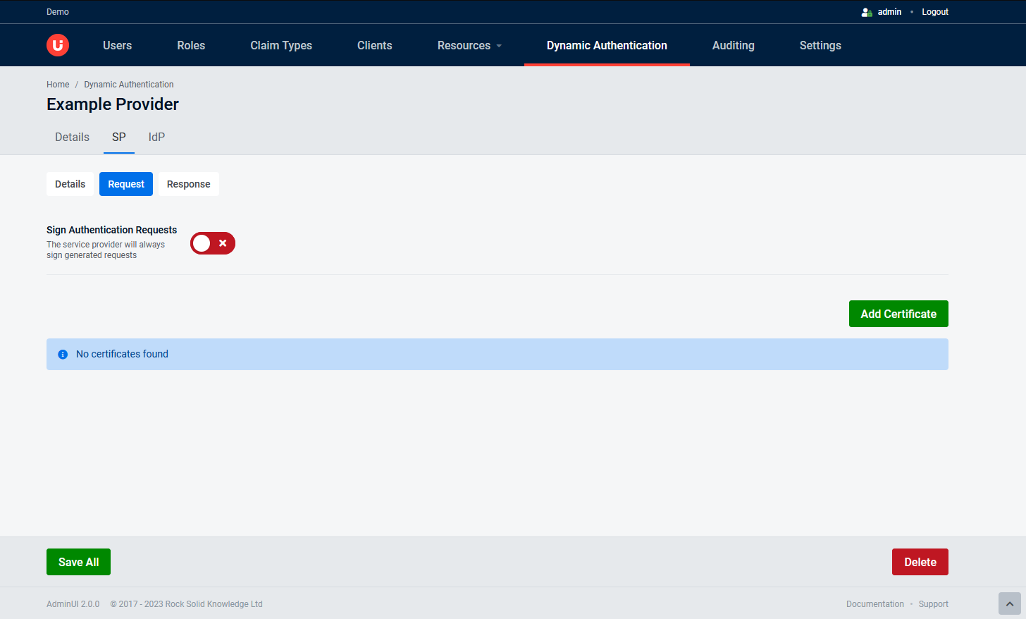 Editing a SAML Provider | AdminUI Documentation