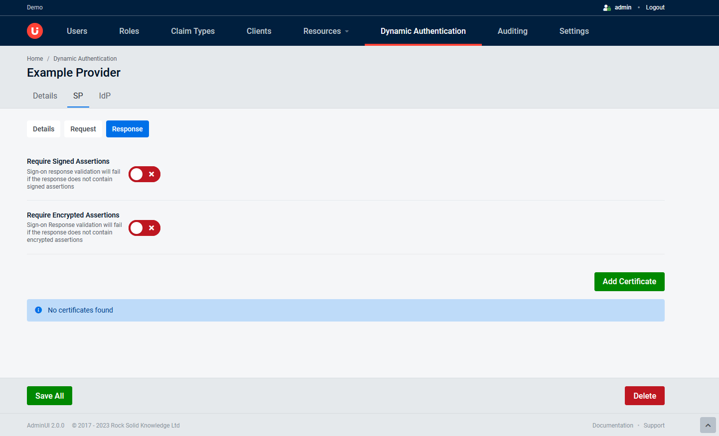 Editing a SAML Provider | AdminUI Documentation